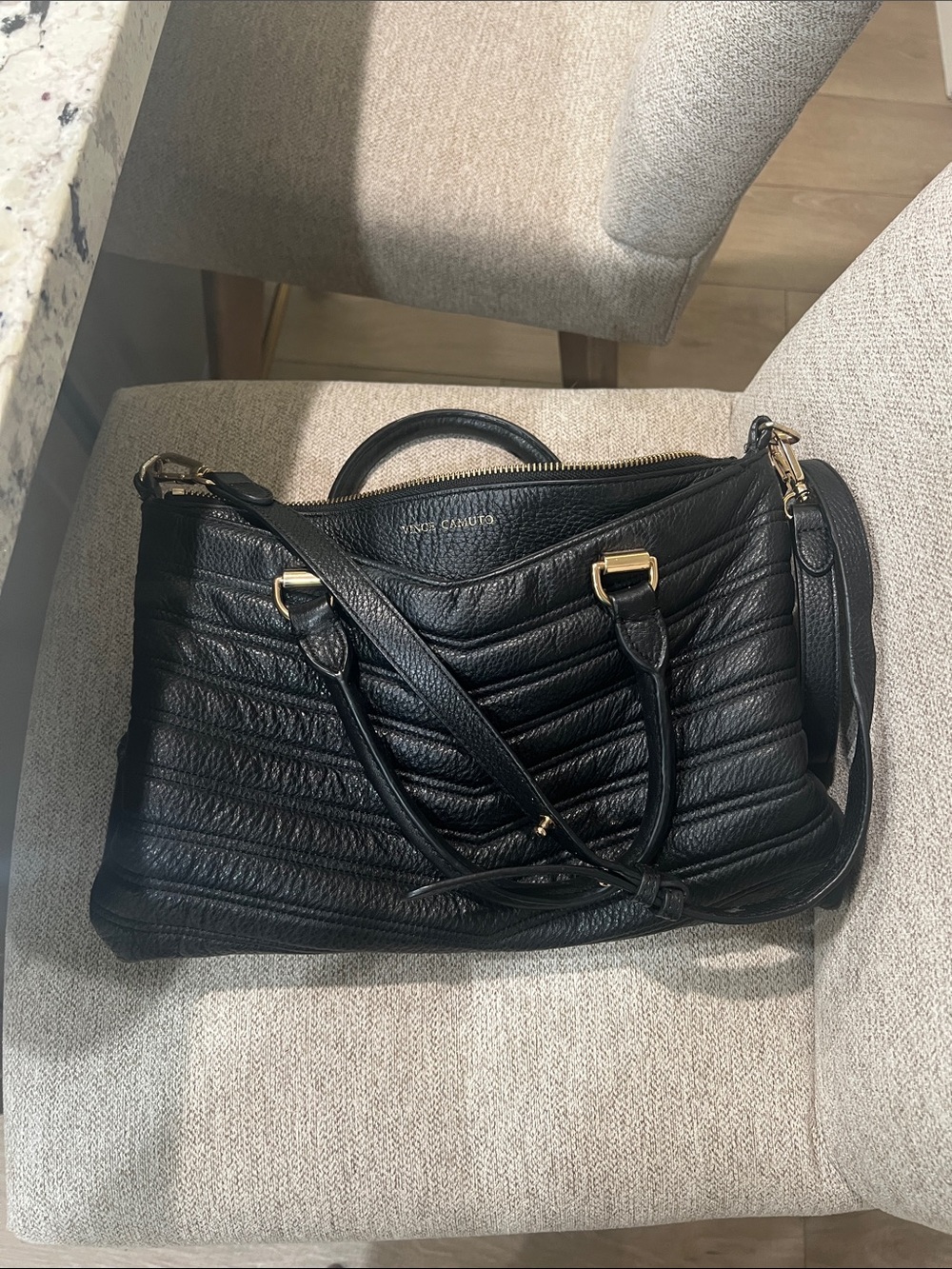 Vince Camuto Black Quilted Leather Satchel with Gold Hardware